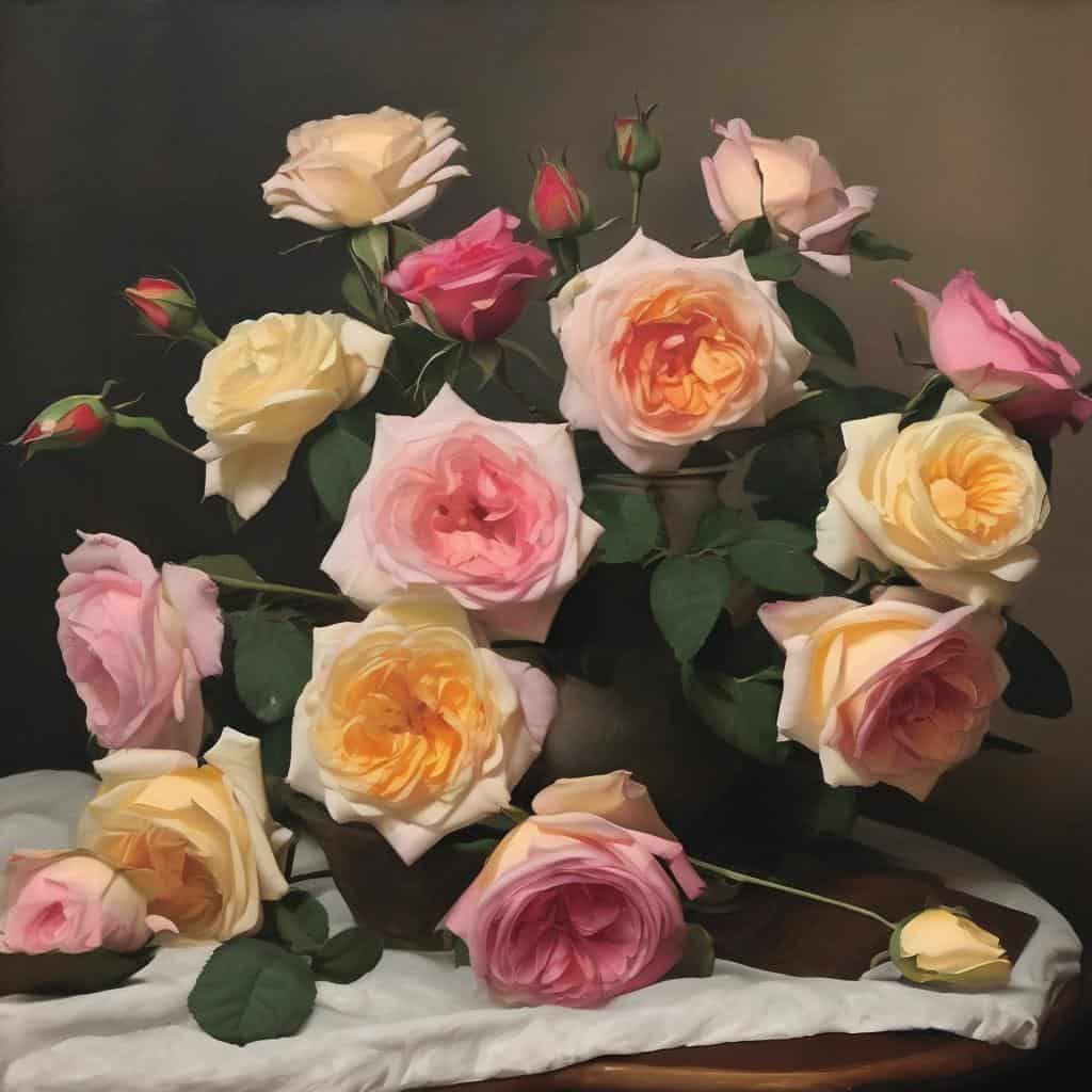 Ροζ, κίτρινα και λευκά τριαντάφυλλα σε όμορφη ανθοδέσμη, τέχνη με διεθνή επιρροή, διακόσμηση και λουλούδια, καλλιτεχνική παρουσίαση, floral art.