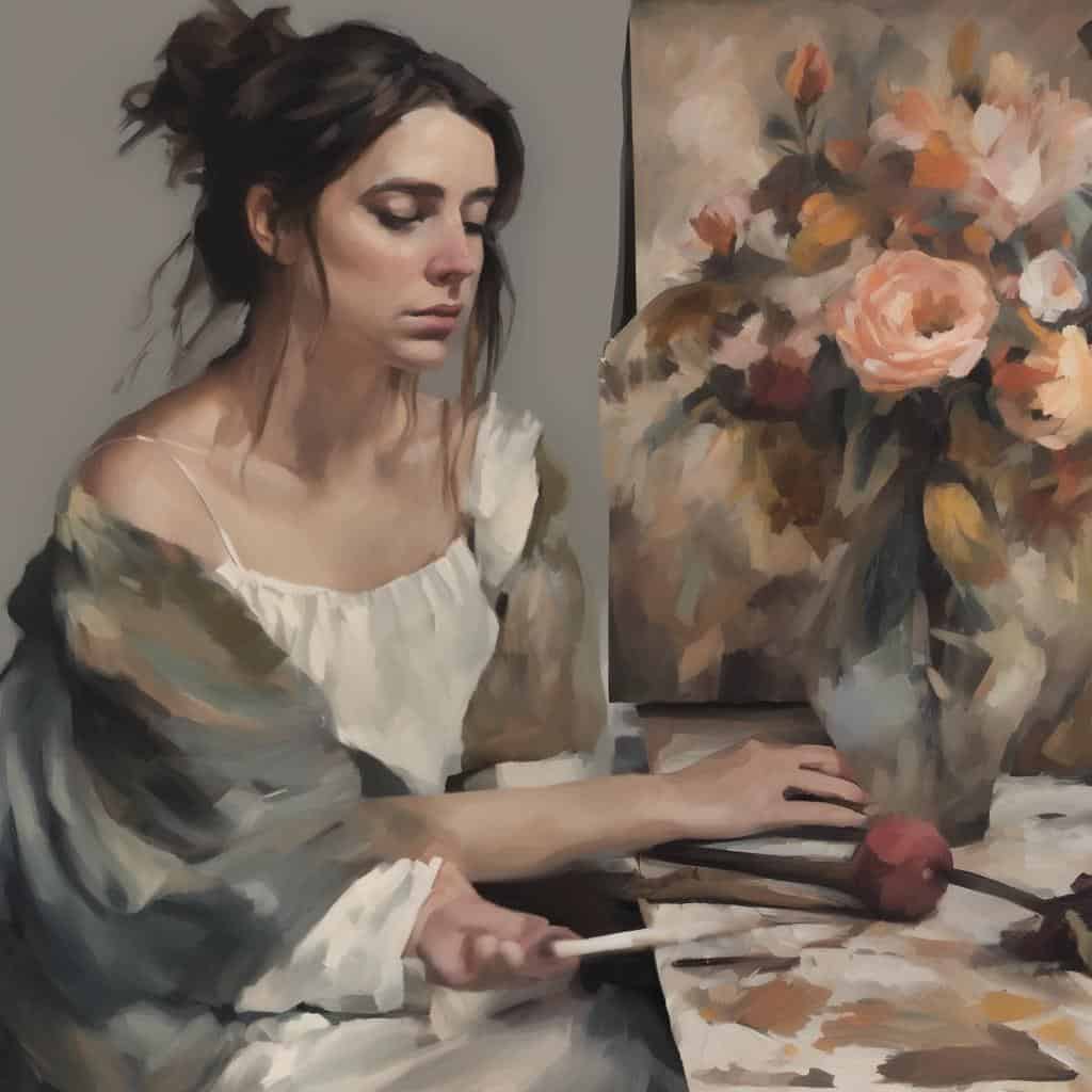 Παρακαλώ σημειώστε ότι η εικόνα παρουσιάζει μια νεαρή γυναίκα καλλιτέχνη που ζωγραφίζει ένα μπολ με λουλούδια σε πίνακα, εξαχνισμένη σε δημιουργική διαδικασία, με καλλιτεχνικό ύφος και ατμόσφαιρα έμπνευσης.