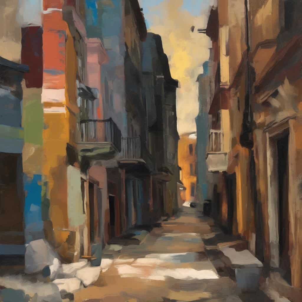 Γραφή δρόμου με παραδοσιακή αρχιτεκτονική, πολύχρωμες πολυκατοικίες, αστικό τοπίο, καλλιτέχνες και διεθνή επιρροή στην τέχνη, ζωγραφική με έντονες πινελιές, πολιτιστική κληρονομιά.