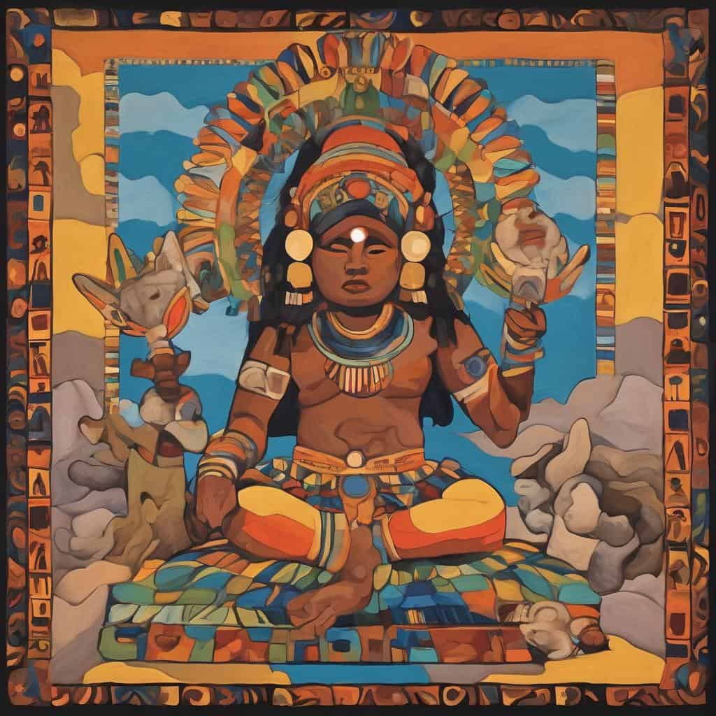 Ναός με ιερές μορφές και αφηγηματικά στοιχεία, εμπνευσμένος από τον πολιτισμό και την τέχνη των αρχαίων λαών, με έντονα χρώματα και συμβολικά μοτίβα, που αναδεικνύει την πλούσια πολιτιστική κληρονομιά.